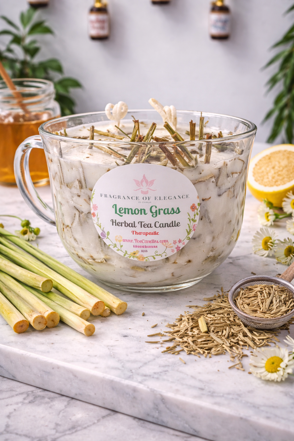 Lemongrass herbal candle made with essential oil 90 hour burn time 3 wick - Fragrance of Elegance