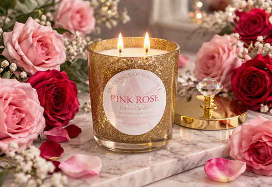 Pink Rose Lotion Candle 15oz double wick 72 hour burn - Fragrance of Elegance